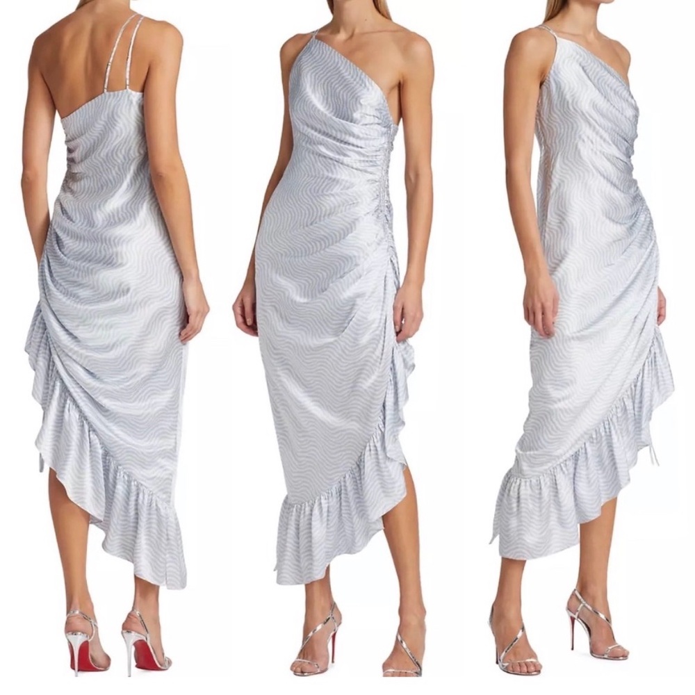 NEW‎ CINQ A SEPT christel dress in ivory/skyfall one shoulder midi wavy lines